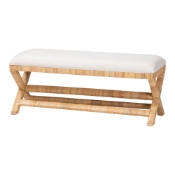 bali & pari Christy Natural Rattan Bench - Hand Wrapped Wicker Accent Seating with Upholstered Cushion and Crisscross Frame